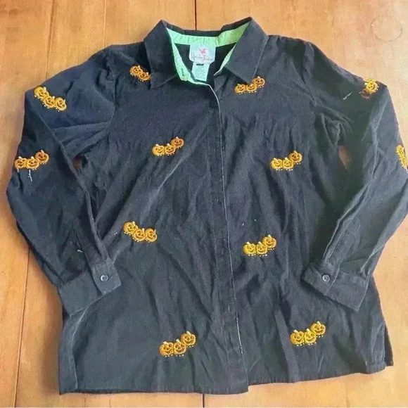 Vintage Quacker Factory Black Embroidered Halloween Button Up Pumpkins Large - Picture 1 of 7